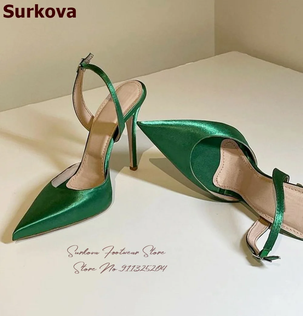 Surkova Turquoise Satin Cloth Slingback Pointed Toe Shoes 12cm 10cm 8cm Stiletto Heel Shallow Dress Pumps Evening Footwear