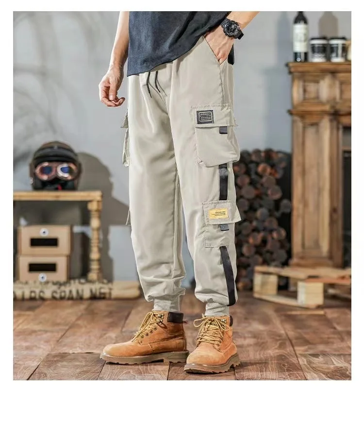 Men\'s Cargo Pants Casual Hip Hop Hit Color Multiple Pockets Trousers Streetwear Ribbons Techwear Sweatpants