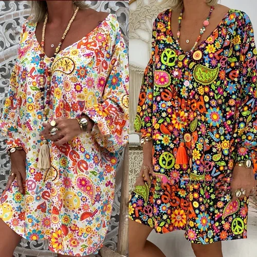 2024 Spring and Summer Hot New Sale of Women's V-neck Printed Dress Large Women's Wear