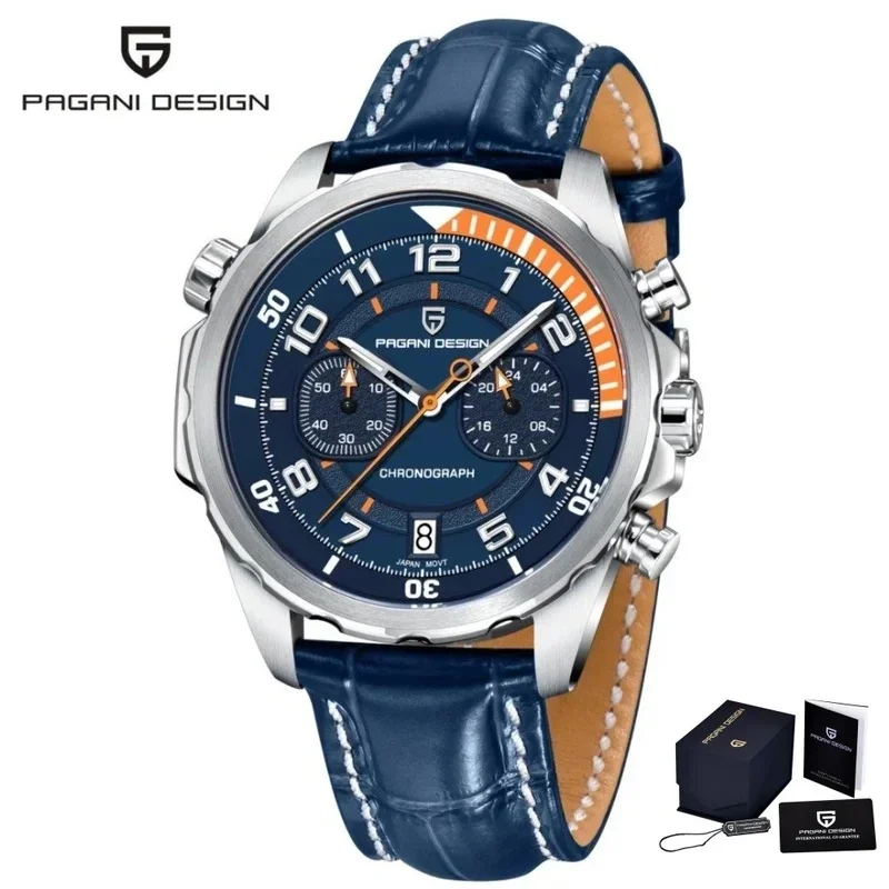 PAGANI DESIGN Men's Luminous Chronograph Watch Japan TMI VK64 Quartz Movement Rotating Scale Dial Sapphire Glass