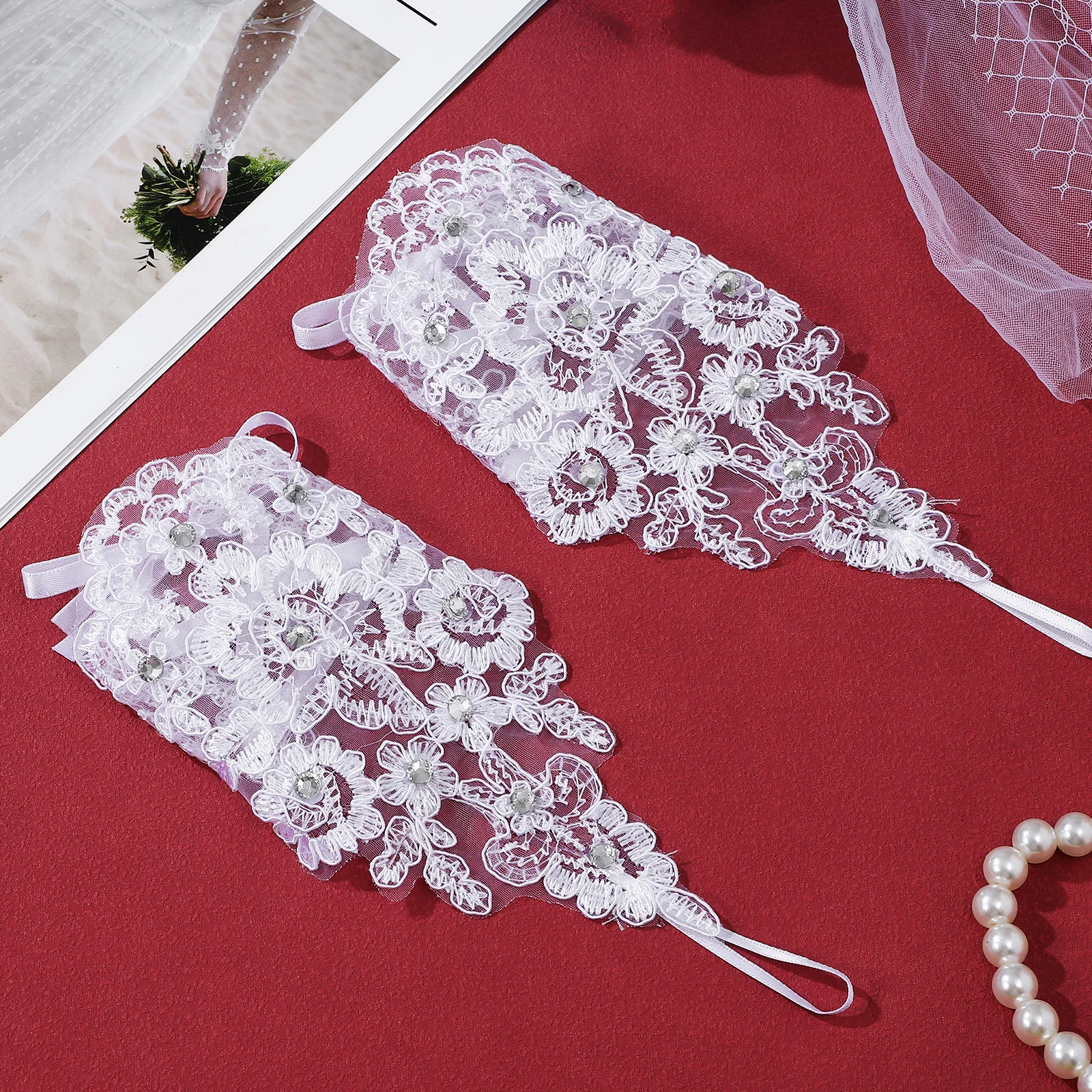 

1Pair Premium Bridal Gloves Lace Trimmed with Sparkling Rhinestones Floral Embroidery Fingerless Style Soft Stretch Mesh Comfort