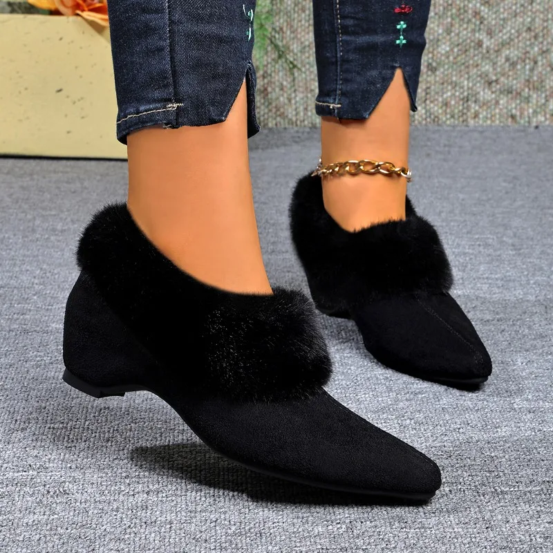 Inside Heightened Pointed Toe Fuzzy Shoes 2026 Autumn/Winter Warm Deep Mouth High Heels