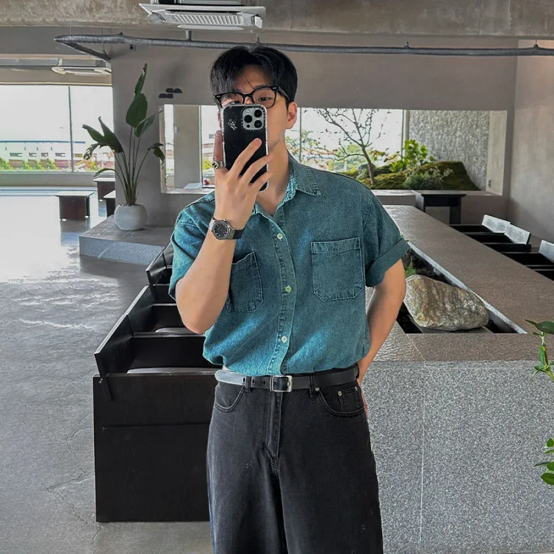 Denim Shirts Men Shirt Blouses Summer Top Casual Turn Down Collar Punk Biker Single Breasted Hip Pop Top Streetwear Shirts 2025