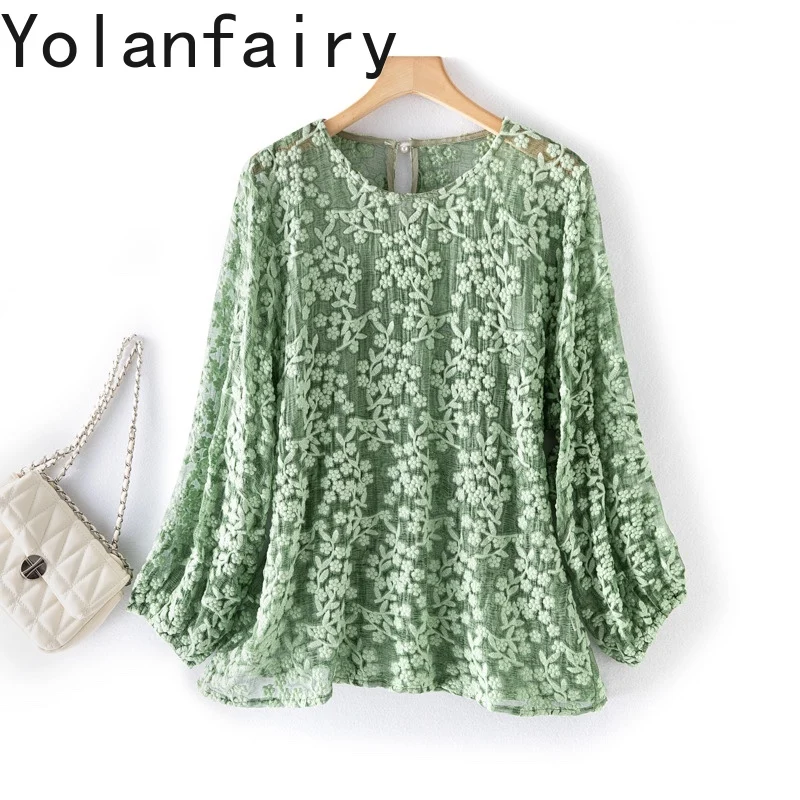 

YOLANFAIRY 100% Mulberry Silk Blouses for Woman Elegant Embroidered Sun Protection Shirt Blouse Women Top Chemises Et Blouses
