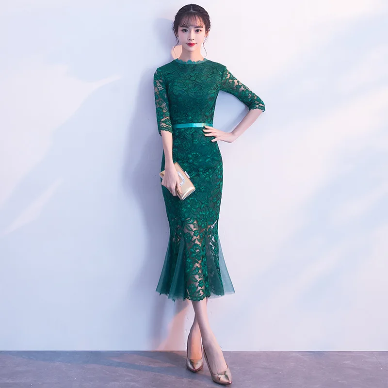 Bridal Toast Dress Cheongsam 2025 New Spring Red Lace Evening Dress Mermaid Wedding Qipao Dress