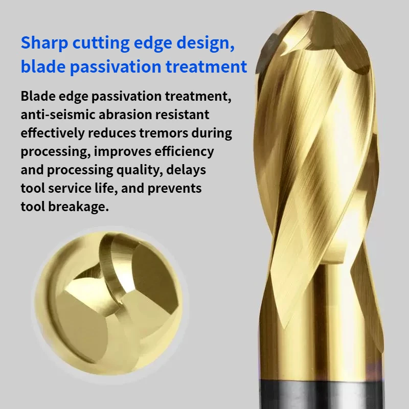 Stainless Steel Titanium Alloy Used 2-Flutes Ball Nose Milling Cutter HRC70° White Gold Nano Coating Tungsten Steel End Mills