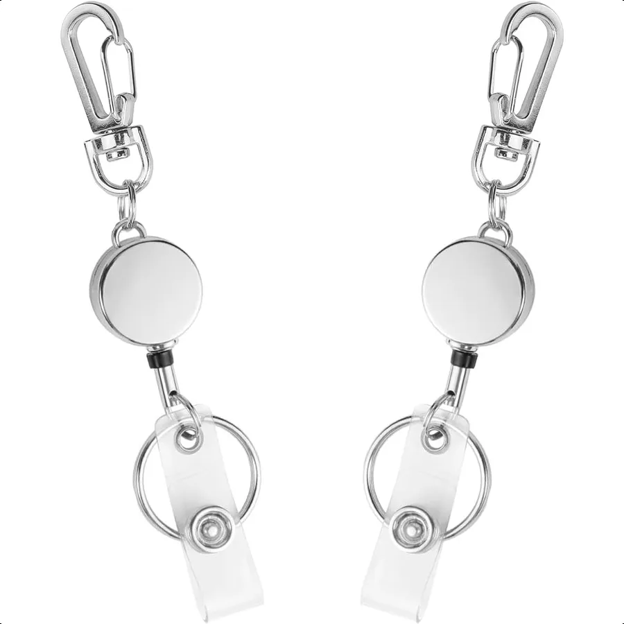 

2 Pack Metal Retractable Badge Reel ID Badge Holder with Cord and Carabiner Key Chain Silver