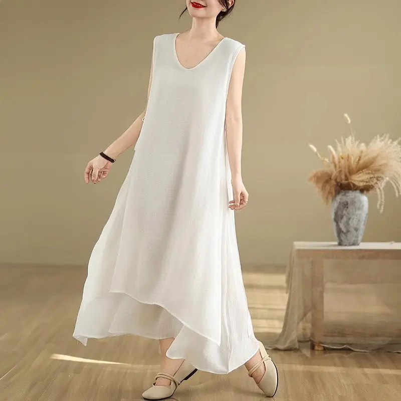 Women's Summer Chinese Style Premium Cotton-Linen Blend Dress - Light Luxury V-Neck Vest Dress, Oversized Bohemian Dress G375
