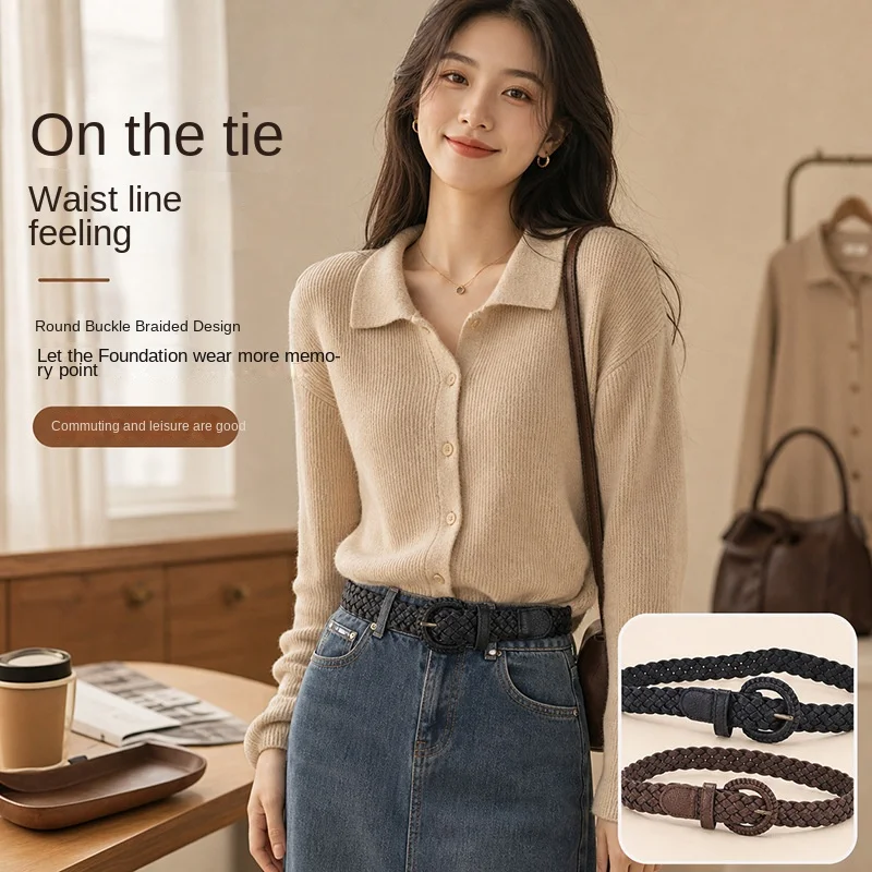 New Braided Leather Pin Buckle Waist Belt Continuous Plait Weaving Tech Soft Leather Texture Curved Oval Buckle Frame Stable