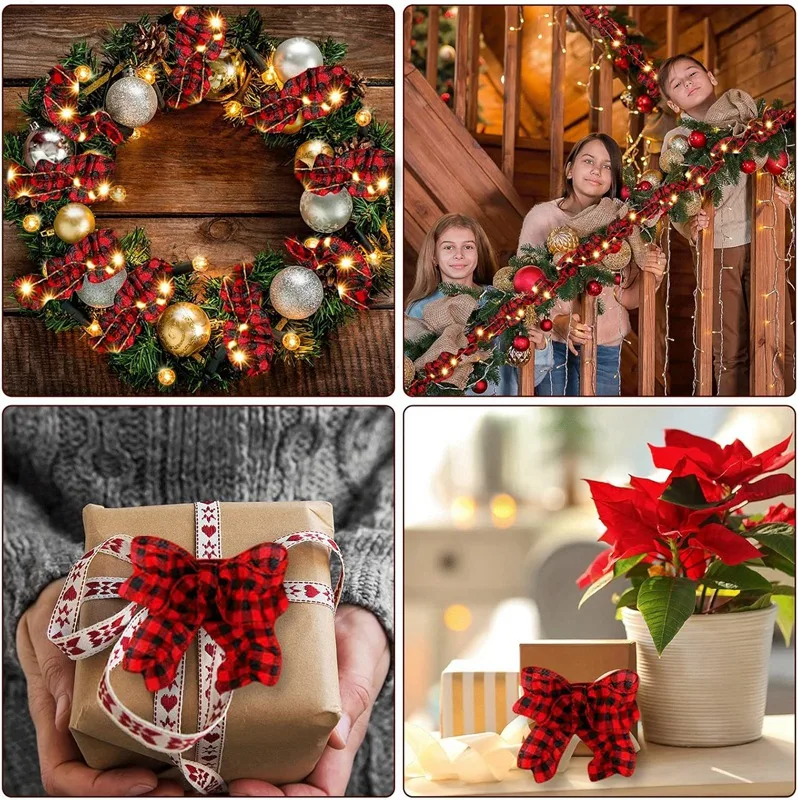 6 Rolls LED Rustic Christmas Tree Garland Ribbon Craft with LED Lights for Christmas Decorations Black&Red-A69M
