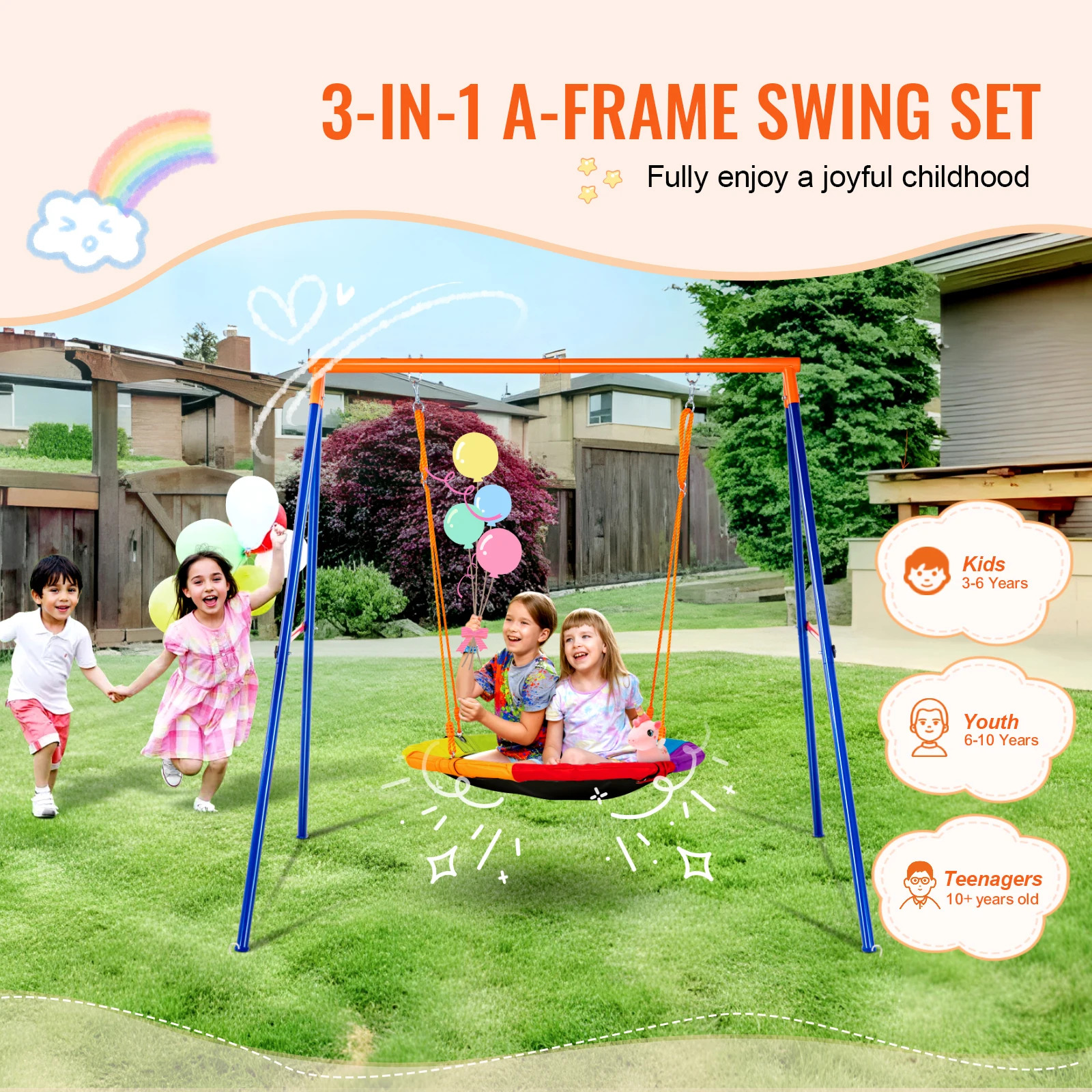 SucceBuy Swing Sets for Backyard 600lbs Capacity Swing Set with 1 Saucer Swing Seat 2 Belt Swing Seats Swingset Outdoor for Kids