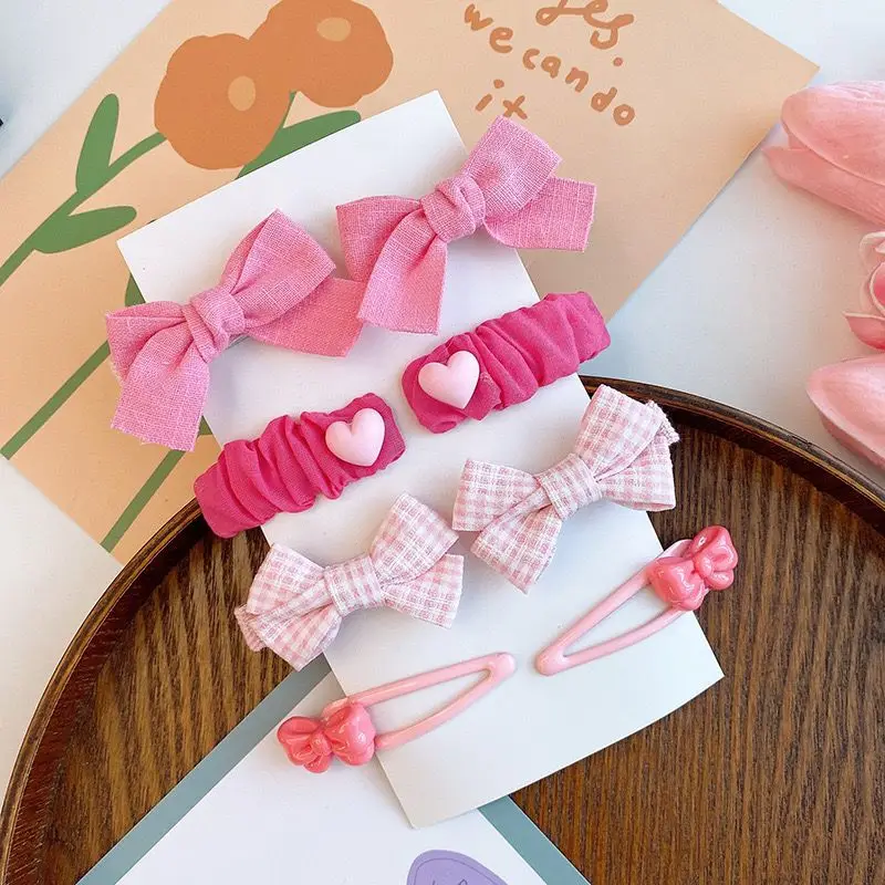 8PC New Cute Pink Color Basic Snap Clips Baby Plaid Bowknot Hair Drop Clips Lace Hairpins Kid Girls Flower Hairpins BB Barrettes