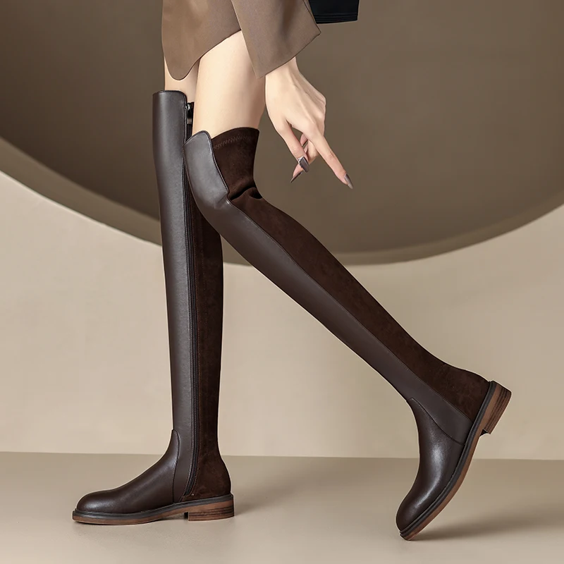 

Sexy Over The Women Knee High Boots Autumn Winter Med Heel Round Toe Shoes Woman Zipper Casual Stretch Boots New Size 34-40