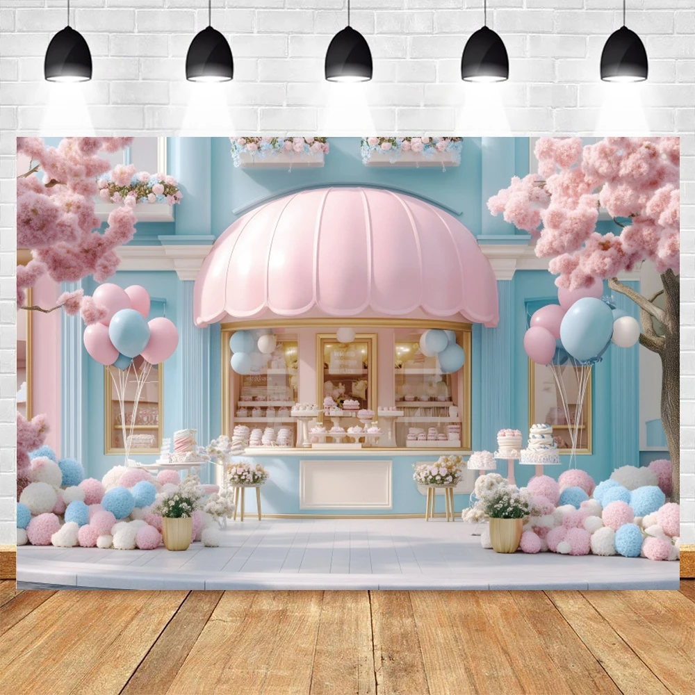 Sfondo del negozio di dolci e dolci Torta Cupcake Fiori Palloncini Baby Shower Bambini Ritratto Festa di compleanno Decor Sfondo fotografico