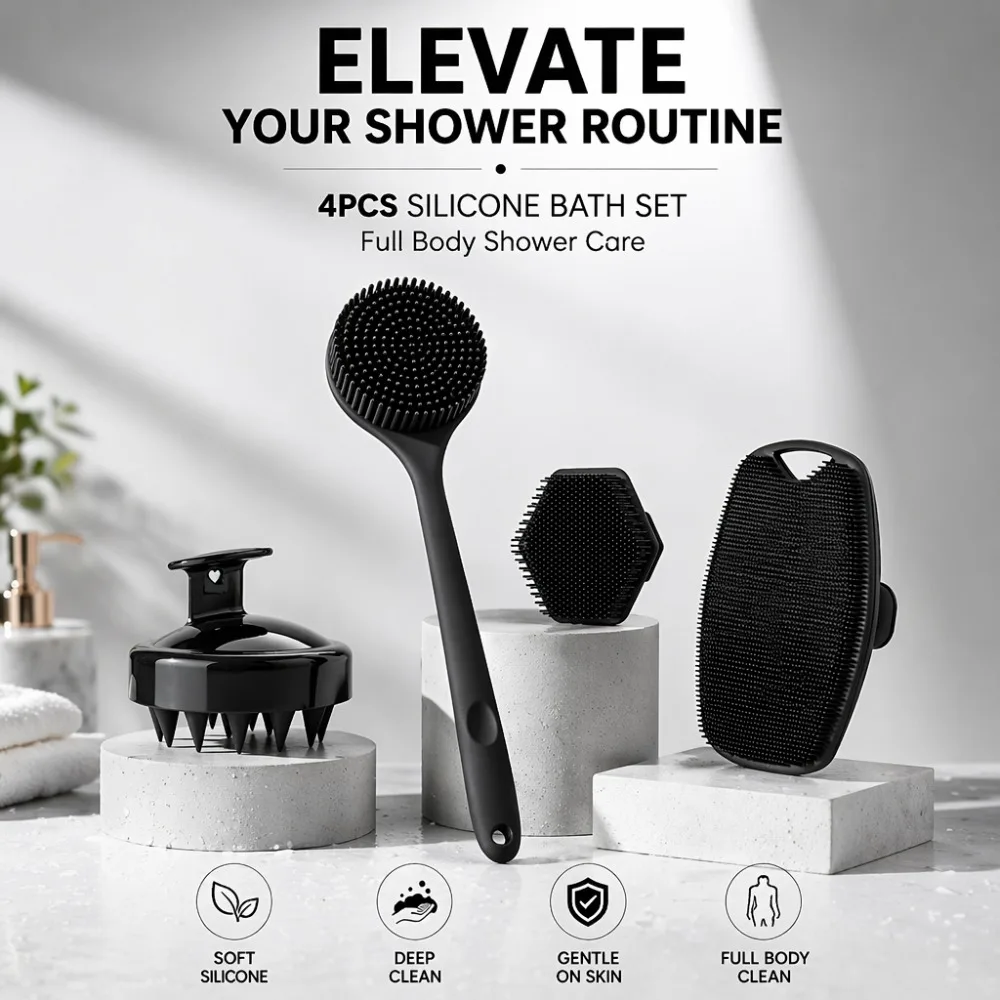 4PCS Set Silicone Body Scrubber Soft Exfoliating Facial Brush for Gentle Shower Massage and Skin Cleansing Bathroom Accessories