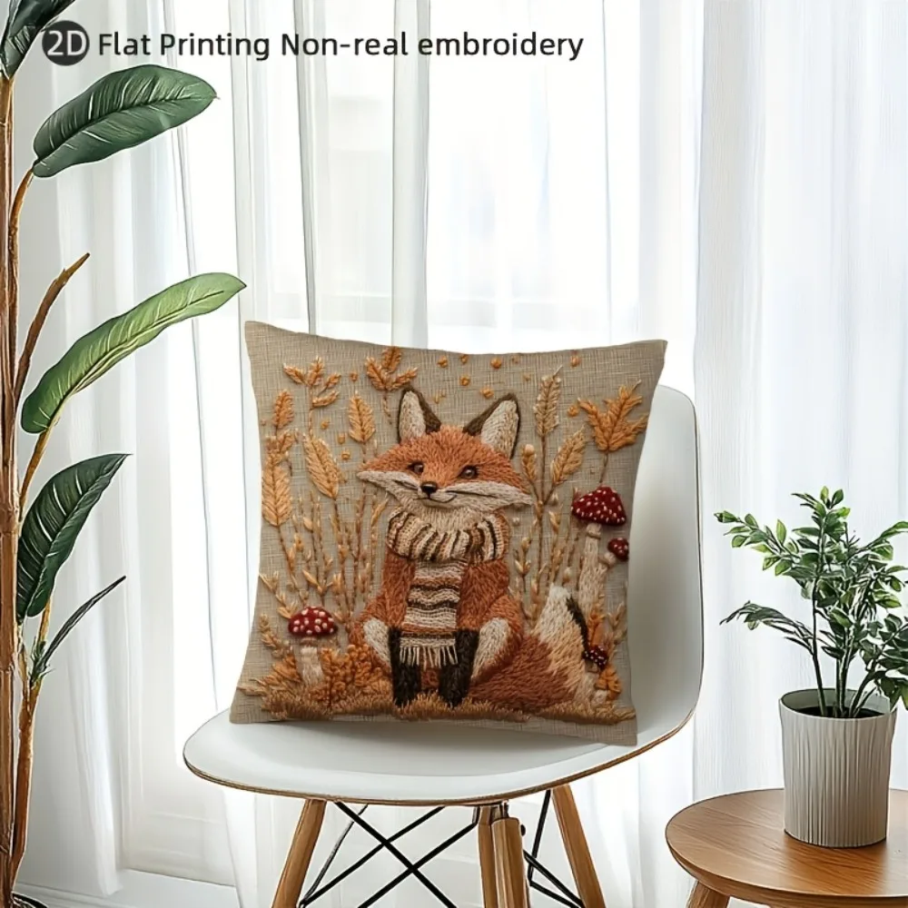 Autumn Fox Faux Embroidery Pillow Cover Double Sided 2DPrint Cozy Pillow Cover Bedroom Living Room Sofa Warm Vibe Accessory Gift