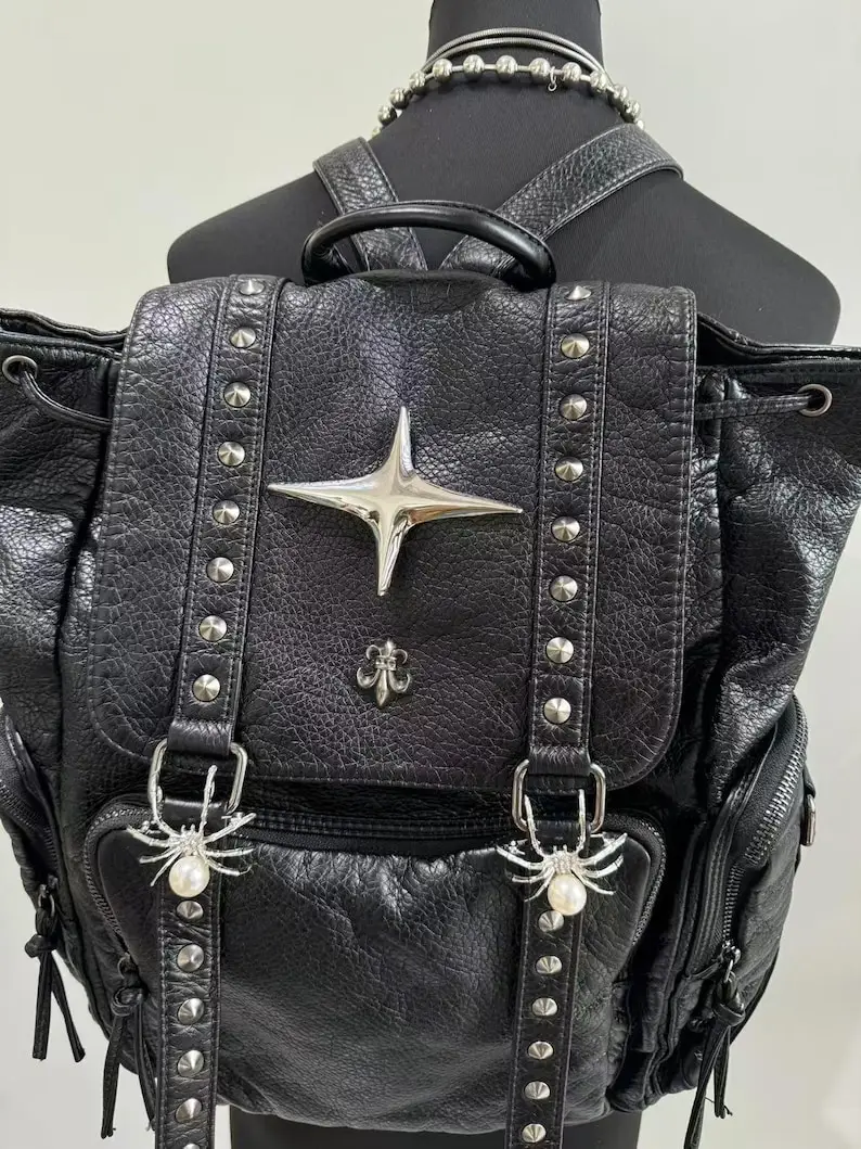 Gothic Punk PU Leather Shoulder Bag Rivet Y2K Backpack for Women’s Vintage Harajuku Backpacks College Large Capacity Bag