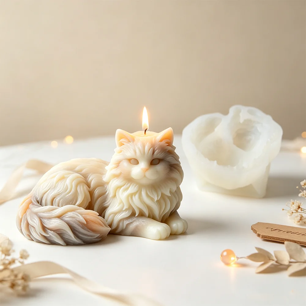 3D Long Haired Cat Figurine Candle Silicone Mold DIY for Wax Plaster Resin Soap Handmade Craft Home Decor Gift