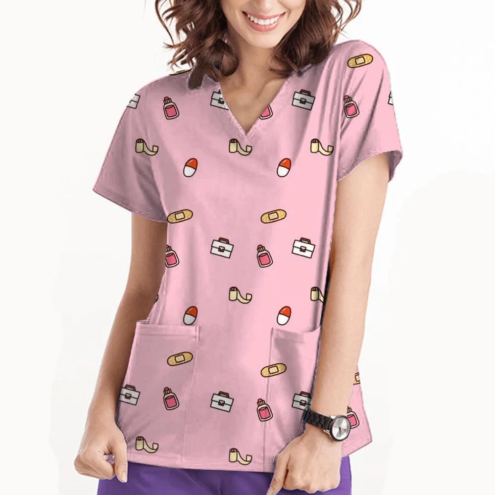歯科女性の病院制服歯漫画プリント口腔ナーストップス V ネック半袖ポケット Tシャツナース制服女性