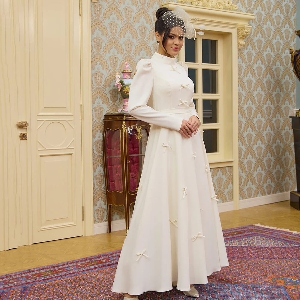 

Customized High Neck Champagne A-line Jersey Evening Dress With Bow Full Sleeves Party Gown Draped Ankle Length Prom Dress