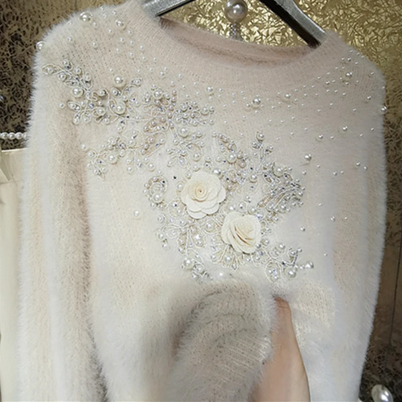 Luxury Style Sparking 3D Floral Embroidery Diamonds Beaded Mohair Short Sweater Faux Fur Knitted Pullovers Mink Cashmere Top