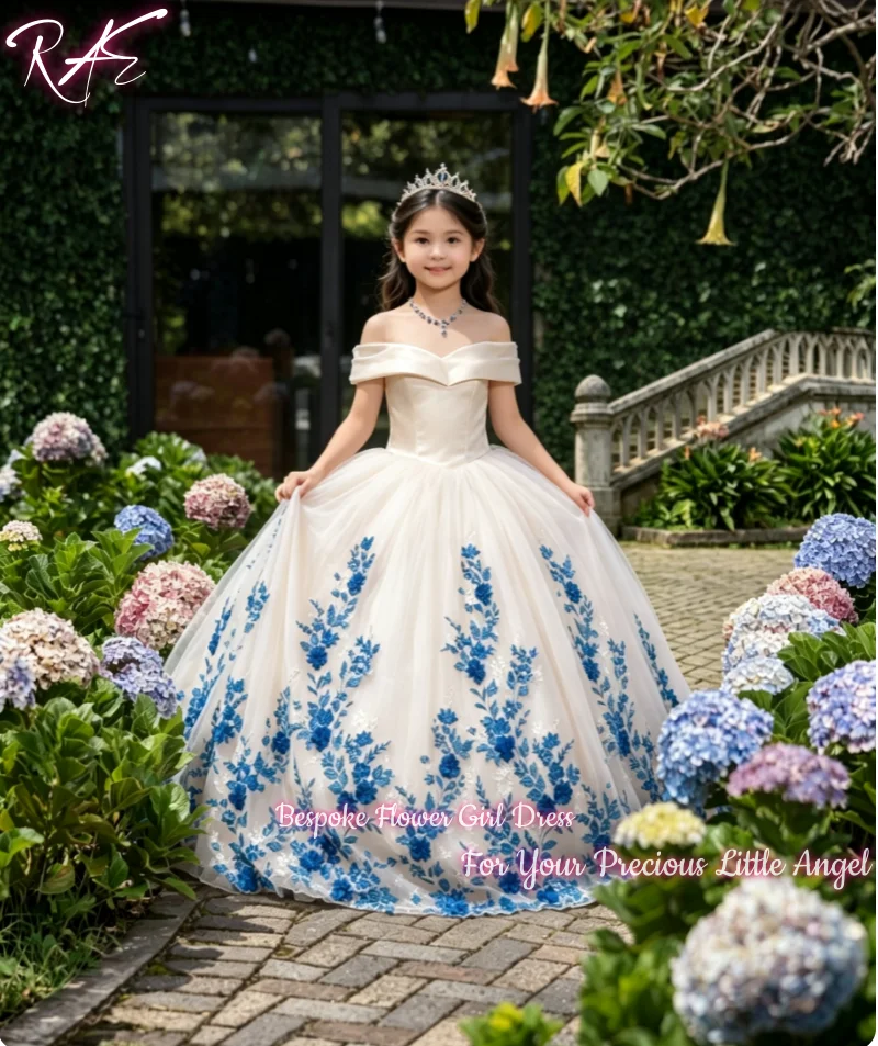 Off Shoulder Ivory Tulle Flower Girl Dress For Wedding Birthday Pageant Blue Floral Embroidery Puffy A Line Floor Length Gown