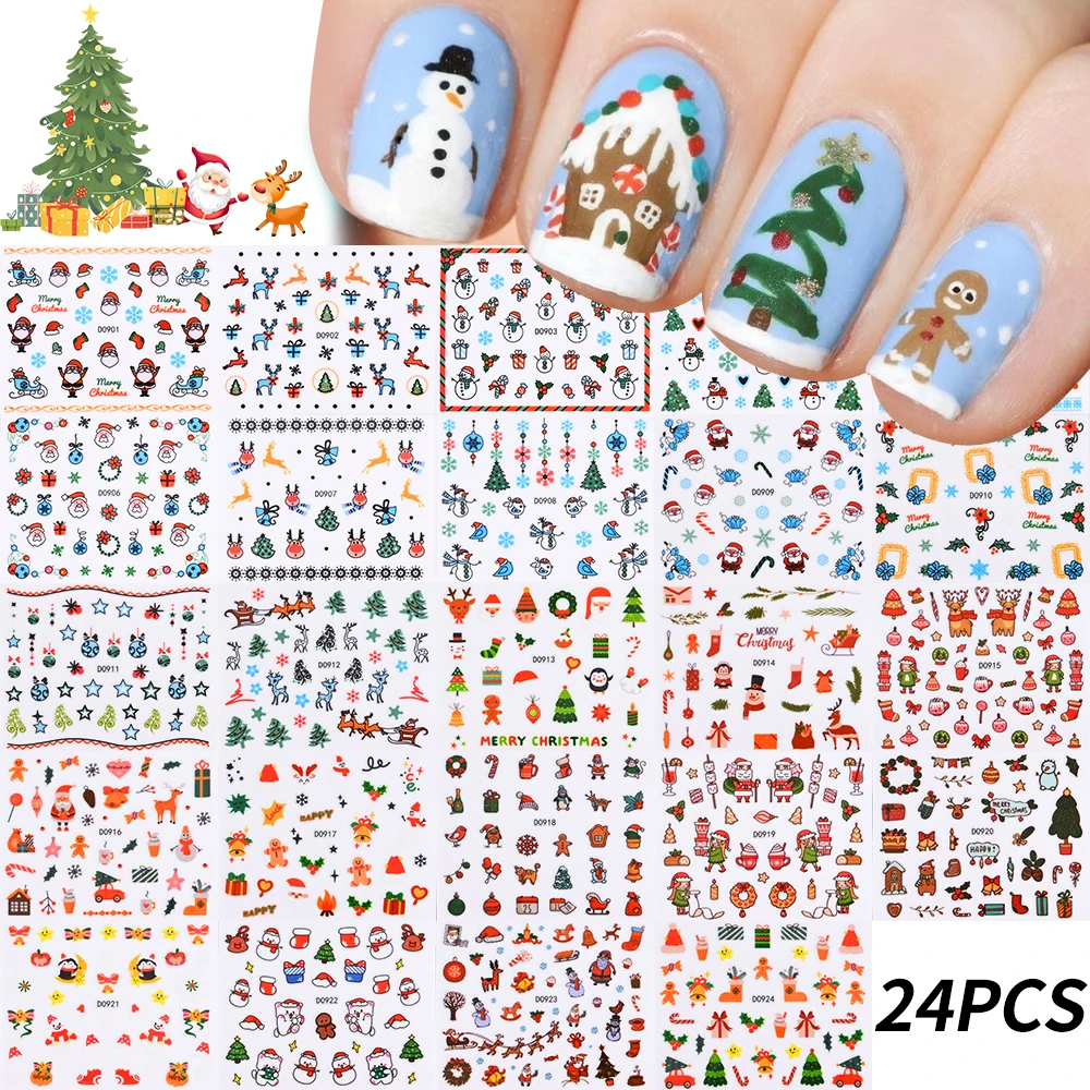 24Pcs Christmas Santa Claus 3D Nail Art Stickers Cartoon Snowman/Snowflake/Elk/Pine Adhesive Slider Winter Xmas Manicure Decals