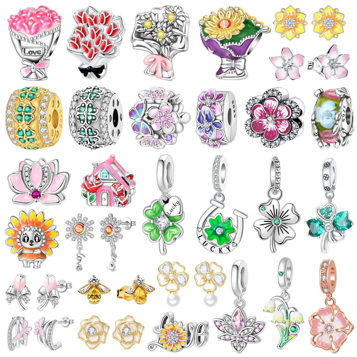 

Romantic New 925 Pure Silver Lotus Rose Sunflower Tulip Pendant Beaded Earrings Ring fit Women Valentine's Day Jewelry Set Gift