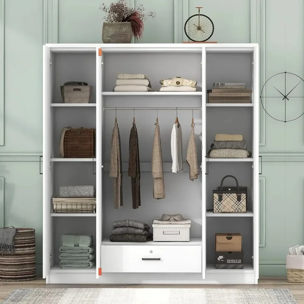 Modern 4-Door Wardrobe with Drawers, Shelves and Hanging Rail, Freestanding Armoire Wardrobe , Clothes Storage Cabinet , White