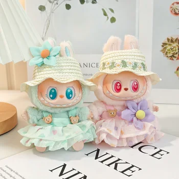 Robe froissée tricotée, chapeau de paille, Style vacances pour poupée en peluche de 17cm, tenue parfaite, accessoires Labubu Ropa Labubu