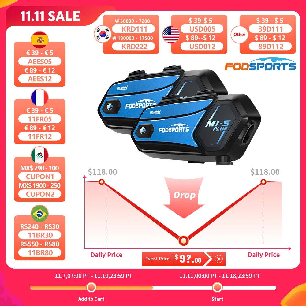 2pcs Fodsports M1-S Plus motorcycle helmet intercom wireless bluetooth helmet headset 10 riders interphone,FM,music sharing