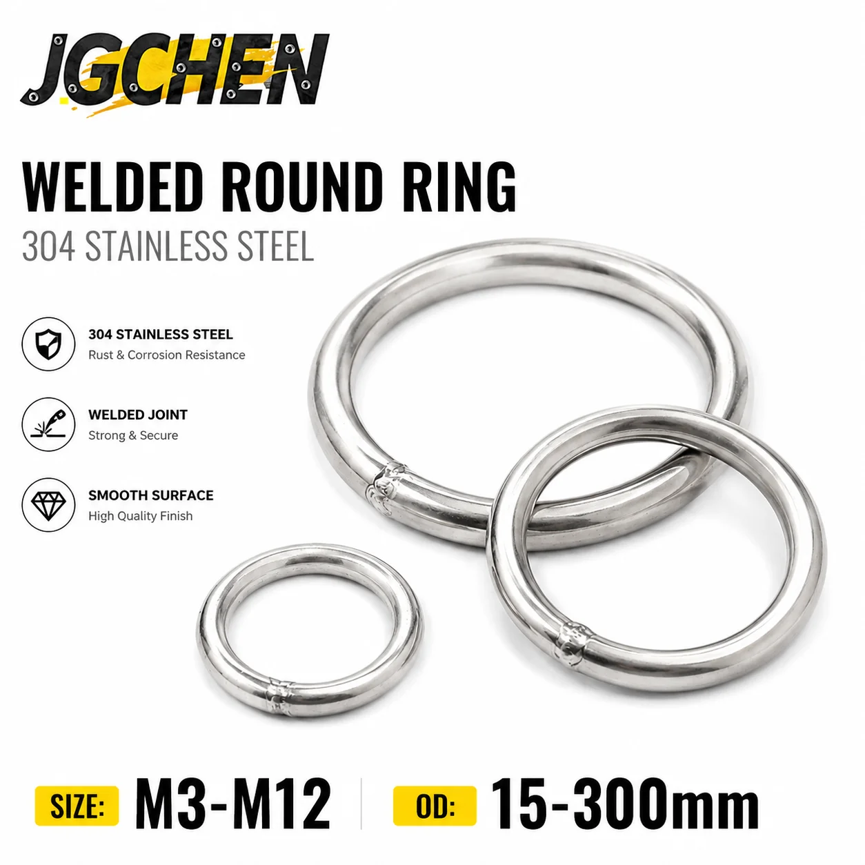M3-M12 SUS304 Stainless Steel Welded O Rings 15-300mm Outer Diameter Heavy Duty Round Rings for Straps Chains Bags Belts Buckles
