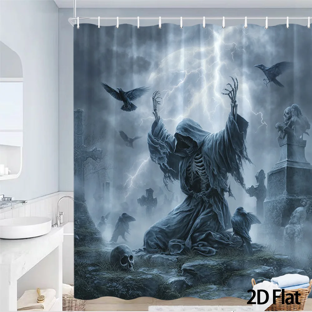 Grim Reaper Shower Curtain, Lightning & Crow Print Waterproof Bathroom Decor, Dark Gothic Cemetery Home Bath Screen