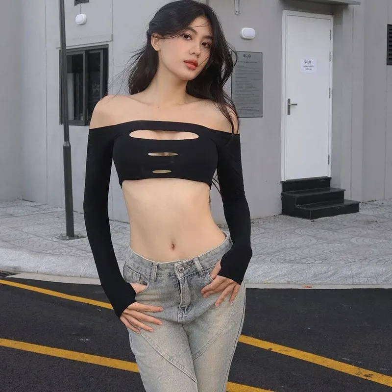

Faionable Pure Color One oulder Hollow out Long Sve ort Top Women's Summer New Sle Cross-Border Ele Sexy T-irt