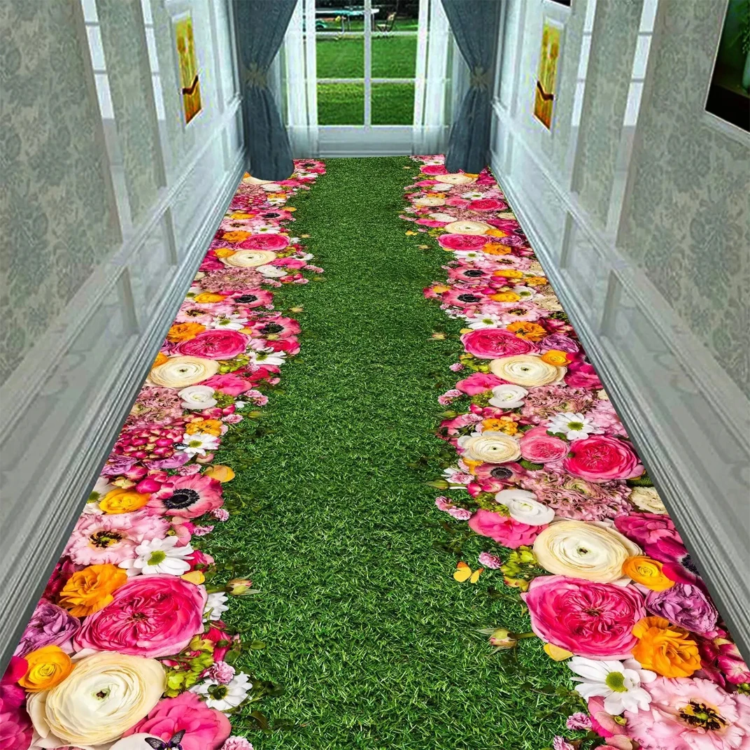 Pastoral Style Villa Passageway Carpet 3D Flower Decor Long Runner Large Rug Antiskid Soft Wedding Stairway Floor Mat Washable