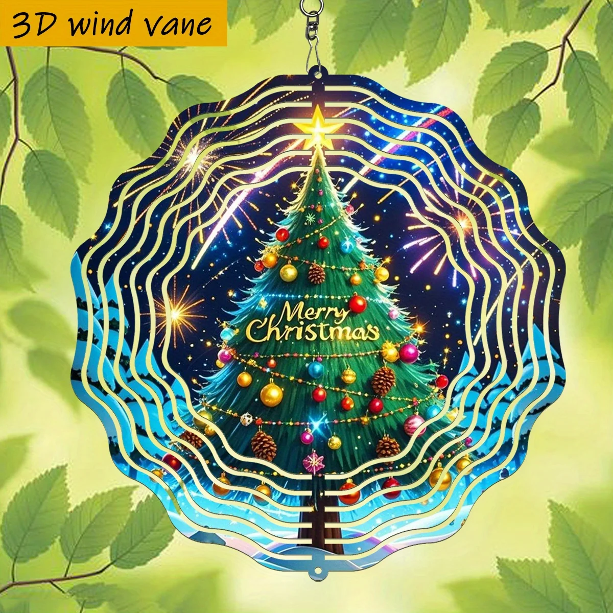 3D Rotating Christmas Tree Wind Spinner - 10 Inch Metal Decor with Bells Merry Christmas Indoor Outdoor Holiday Gift
