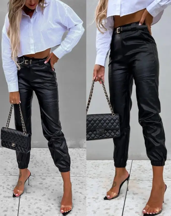 

Summer New Pu Leather High Waist Flipped Pants Elegant Commuting Style Elegant Pure Black Leather Pants for Women