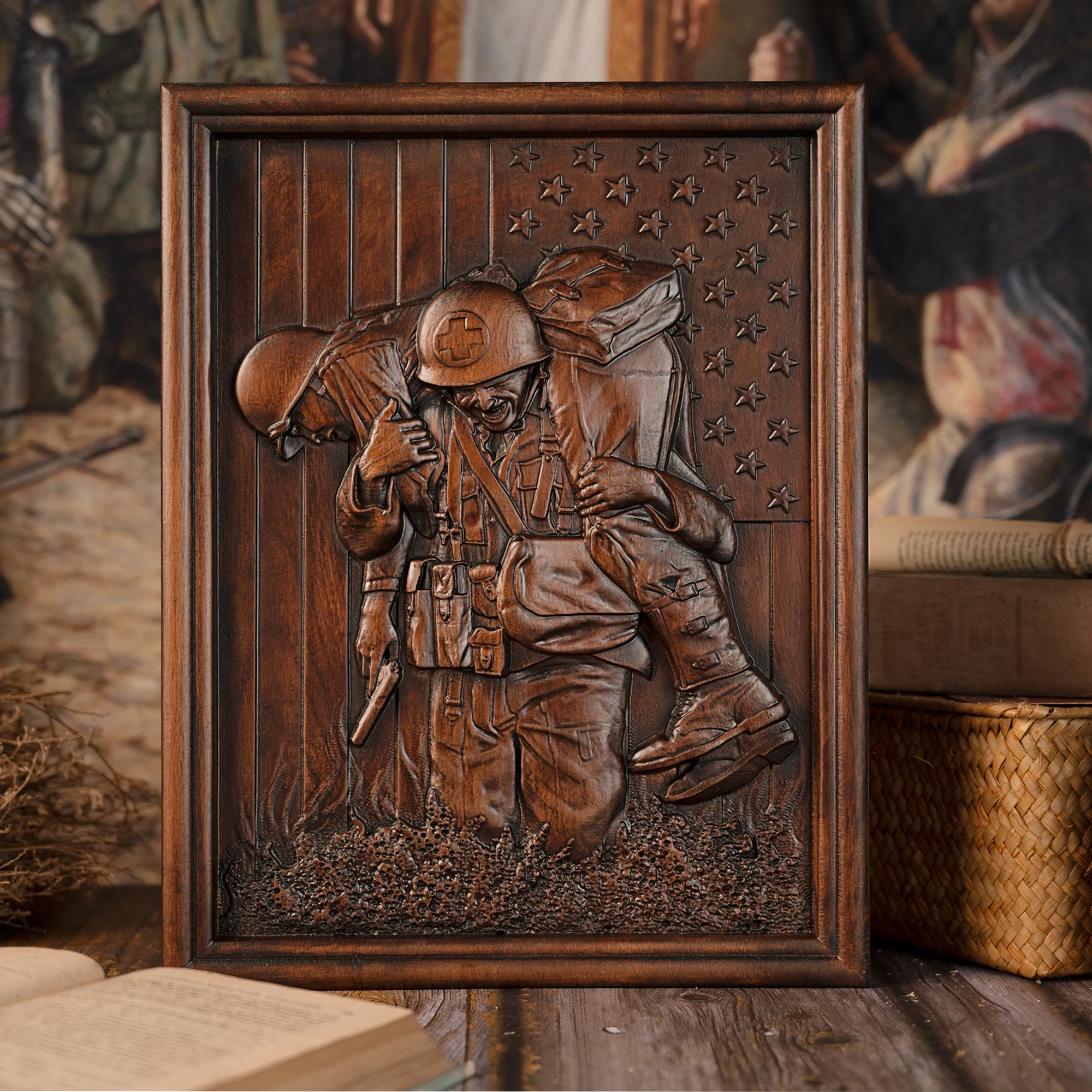 Patriotic Military Soldier Medic Wood Carving Wall Plaque American Flag Relief Wooden Wall Art Veteran Memorial Decor Gift