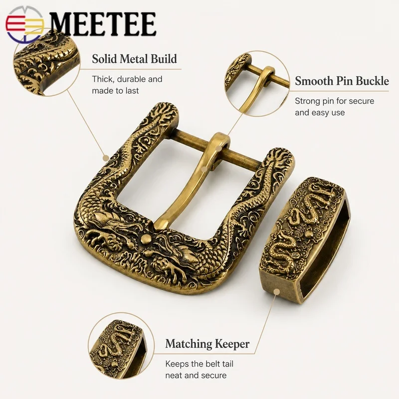 1Pc/1Set 40mm Solid Brass Dragon Belt Buckle Vintage Rectangle Pin with Loop for 37-38mm Leather Craft Supplies Garment Hardware