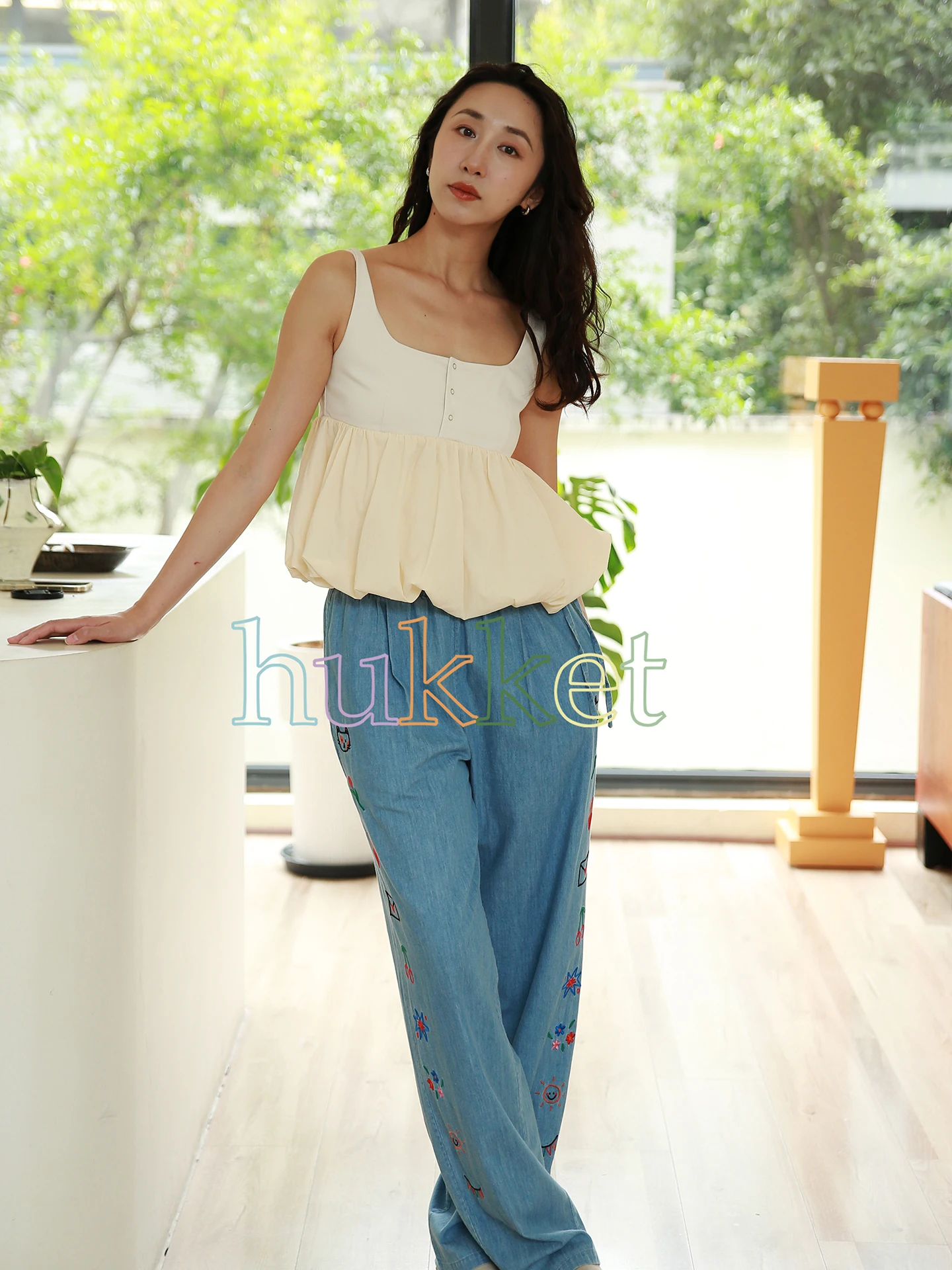 

Hukket Double Material Splice Flower Bud Vest Top Strap Women's Summer Faion Patchwork Design Breathable Comfortable