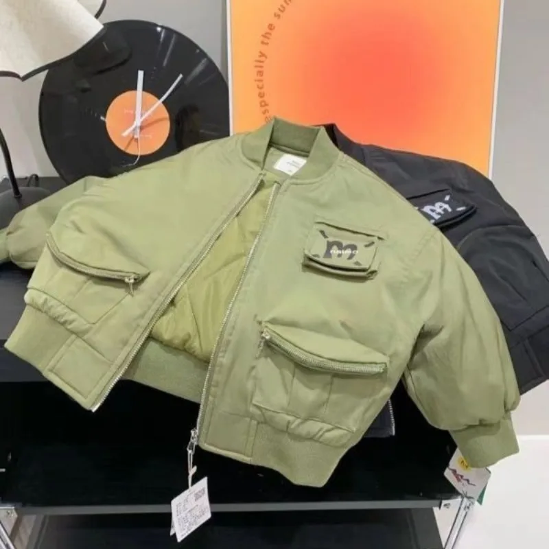 

Boy's Autumn Winter Quilted Cotton Padded Baseball Jacket Oversized Sports Jacket for Kids