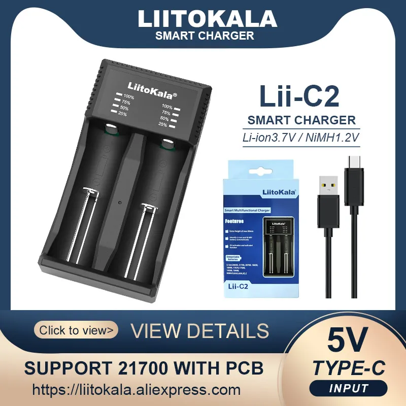 LiitoKala Lii-C2 uniwersalna ładowarka 3.7V pasuje do 18650 21700 26650 17500 1.2V AA AA SC baterie, może załadować 21700 z PCB.