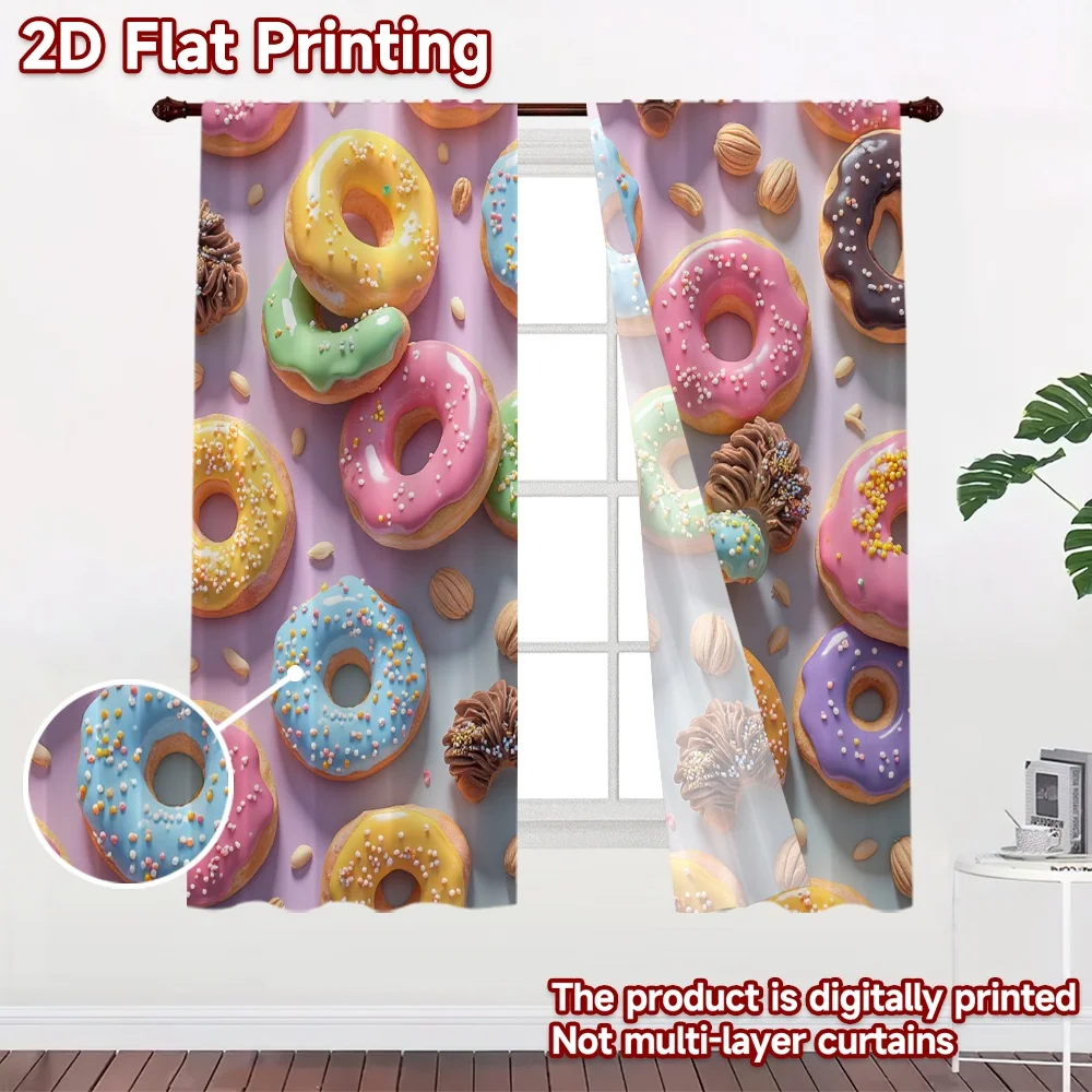 2D flat 2pcs Curtain Modern Minimalist Style Colorful Frosted Donuts Digitally printed polyester, colorfast Family Party