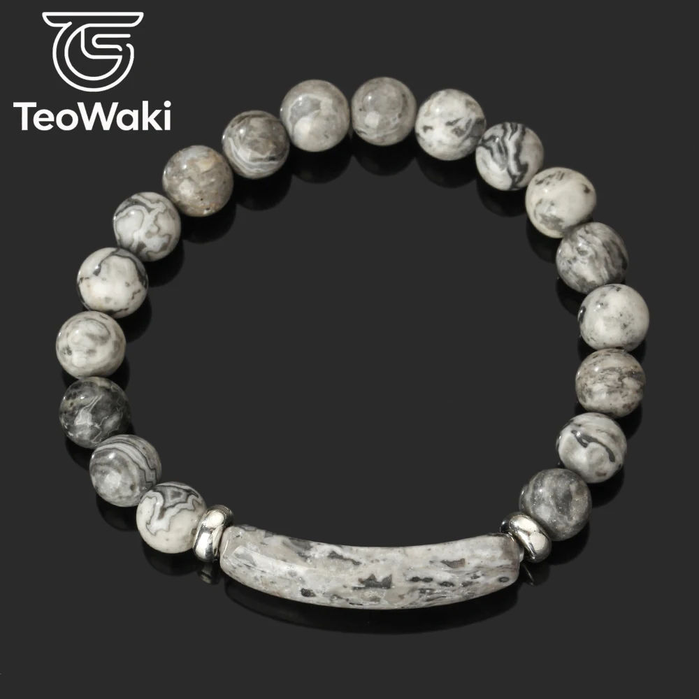 Teowaki Natural Stone Beaded Elastic Stretch with Round Beads and Bridge-type Map Jasper Decoration Daily Jewelry Gift 19cm