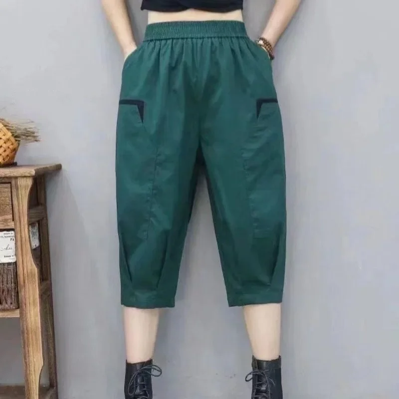 

Elastic High Waist Summer New Women's Patchwork Fashion Solid Color Pockets Folds Loose Casual Versatile Western Capris Z701