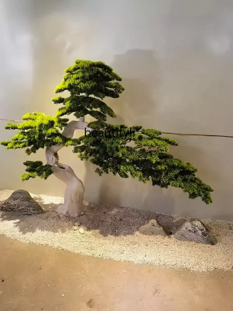 

New Chinese Style Artificial Greeting Pine Solid Wood Root Carving Fake Trees Hotel Lobby Decoration