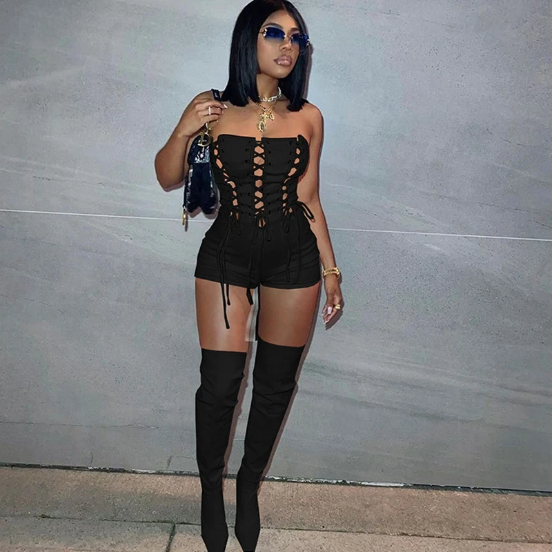 Lace Up Sexy Jumpsuit Women Club Outfits Elegant Romper Shorts Jumpsuit Bodycon Playsuit One Piece Summer Overalls for Women