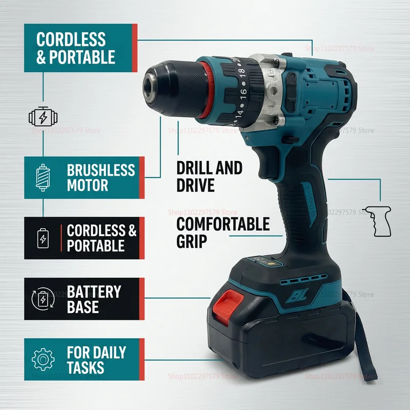 18V Brushless Cordless Impact Drill Driver 480NM High Torque Electric Screwdriver Power Tool Compatible Battery For DIY Repair