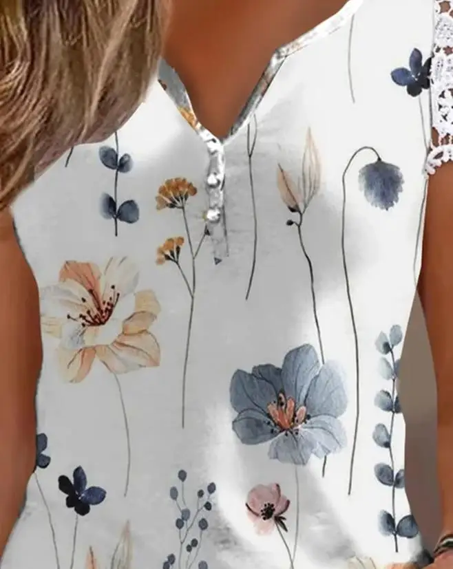 Women Casual Clothing Floral Print Notch Neck Lace Patch Top Temperament Commuting Summer Women's Fashion Short Sleeve T-shirt