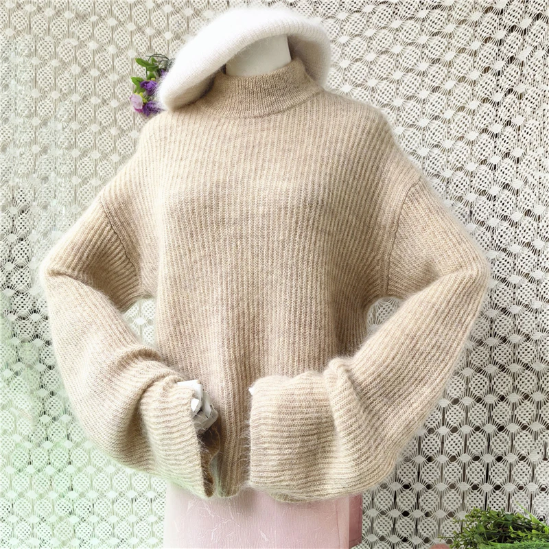 Ladies Women Spring Autumn Clothing Soft Hairy Mohair Wool Knitted Mock Neck Long Flare Sleeves Loose Pullover Sweater Jumper